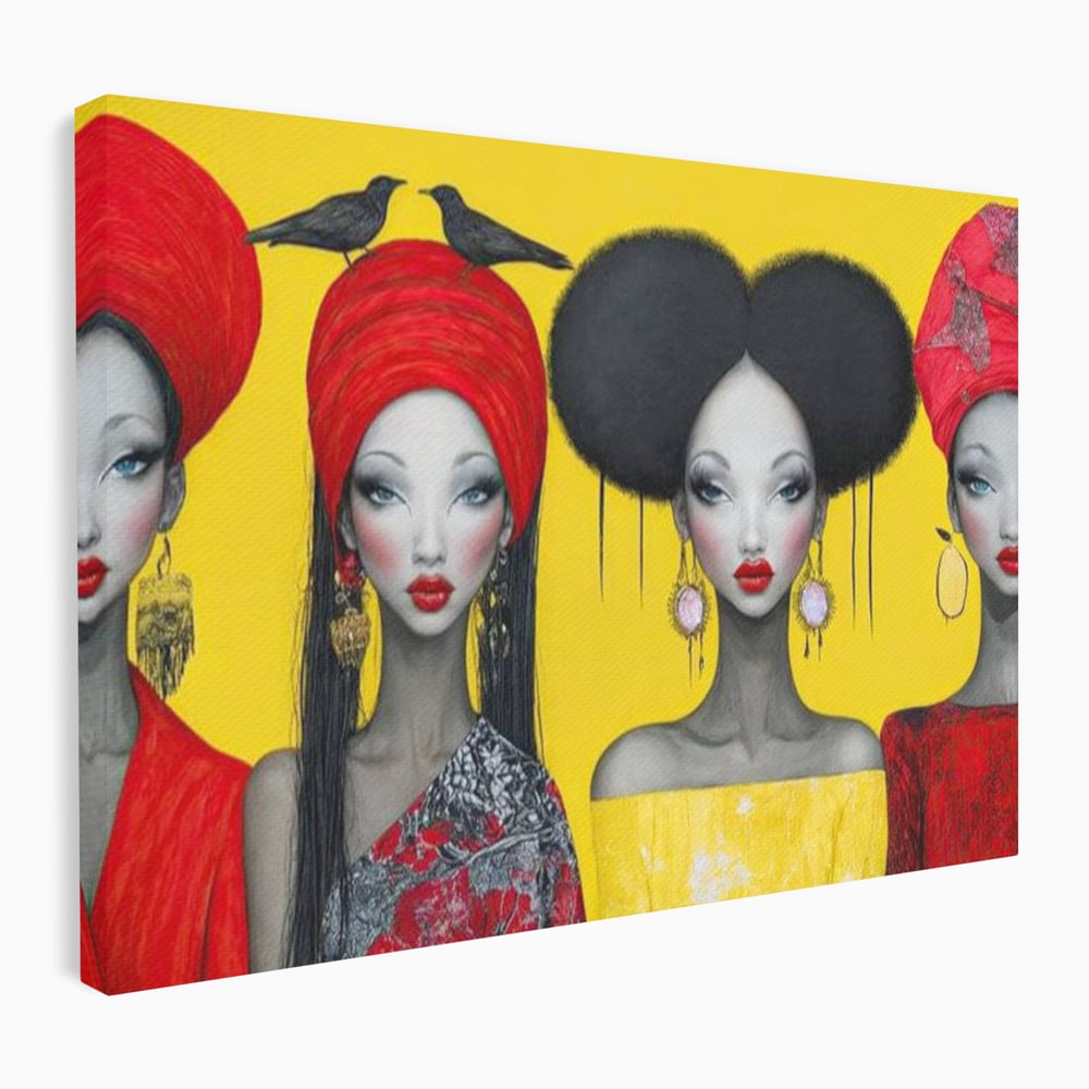 Tablou canvas cu ilustratie canvas cu patru femei stilizate, fara rama, pe sasiu de lemn